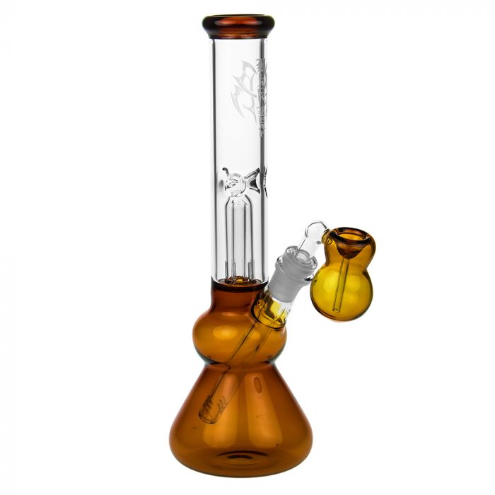 Black Leaf Glass Beaker Base Ice Bong with Precooler - Amber - Side view 1
