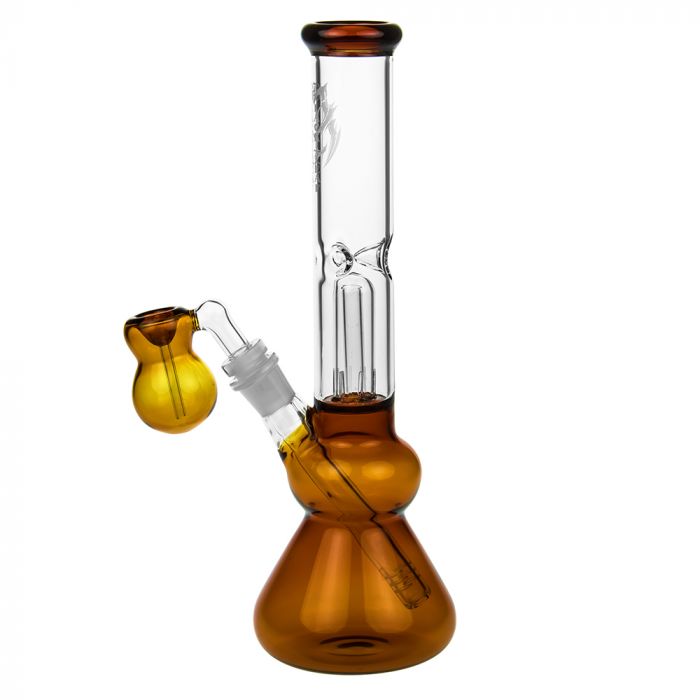 Black Leaf Glass Beaker Base Ice Bong with Precooler - Amber - Side view 2