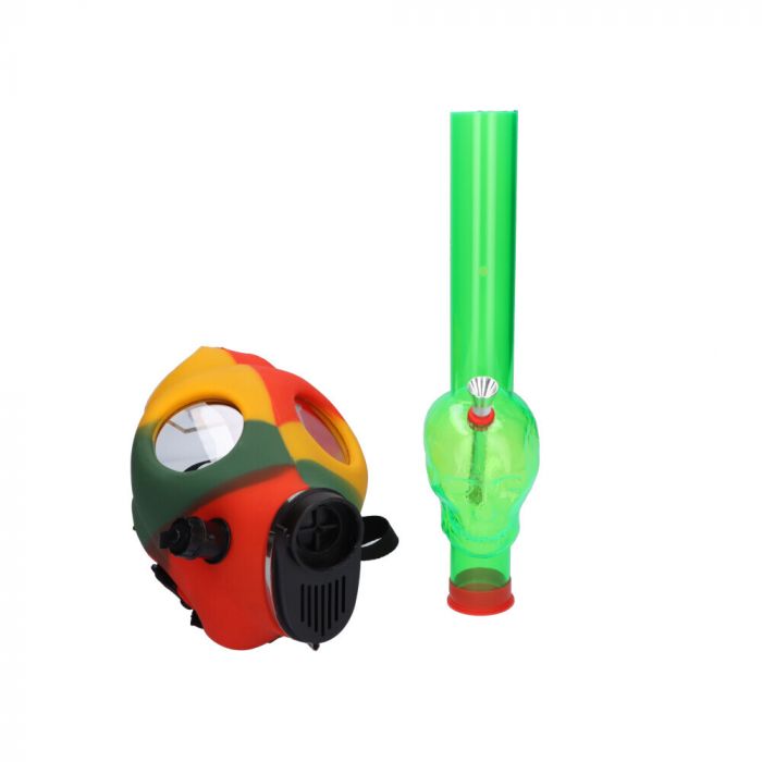 Silicone Gas Mask Bong with Acrylic Skull Tube | Rasta - Disassembled 