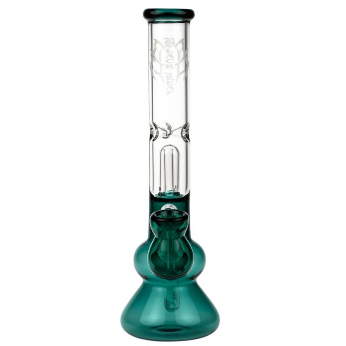 Black Leaf Glass Beaker Base Ice Bong with Precooler - Emerald Green - Front View 