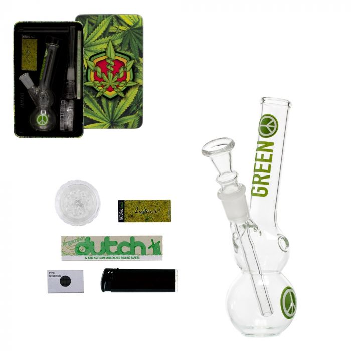 Amsterdam Greenline Double Bubble Base Glass Bong Gift Set | 5.5 Inch - Complete Set 