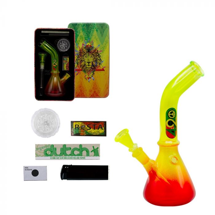 Amsterdam 420 Rasta Beaker Base Glass Bong Gift Set | 9 Inch - Complete Set 