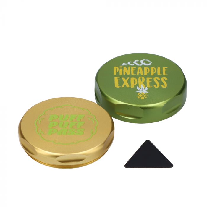 Famous Brandz Puff Puff Pass Strain Grinder | Pineapple Express | top and bottom