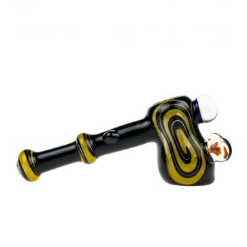 G-Spot Glass Hammer Bubbler Pipe - Black and Yellow with Three Large Marbles - Side view 1