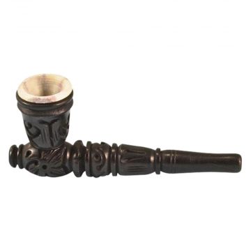 Carved Wood Tobacco Pipe with Stone Bowl