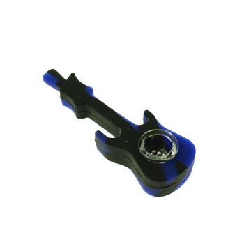Silicone Guitar Hand Pipe with Glass Bowl | Black Blue - Side view 